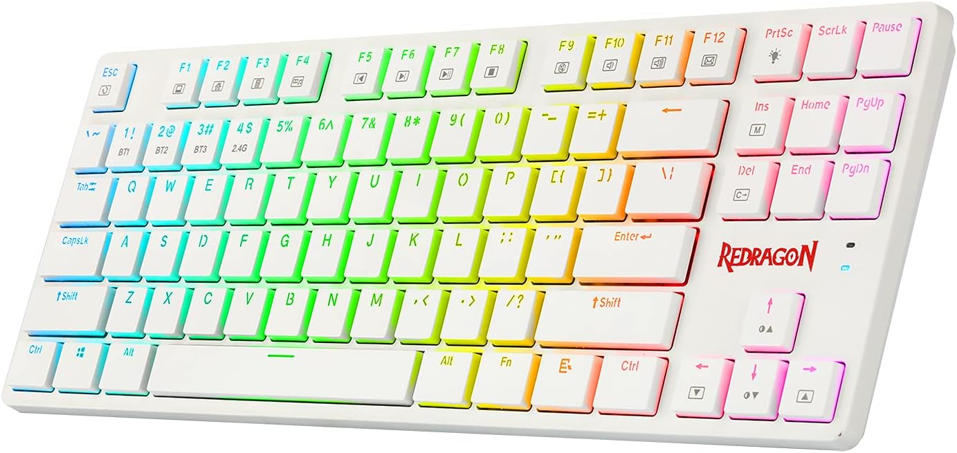 Redragon K539 Anubis 80% Wireless RGB Mechanical Keyboard, 5.0 Bluetooth/2.4 Ghz/Wired Tri-Mode TKL Low Profile Compact Keyboard w/Durable 1900mAh Battery & Tactile Brown Switches (White)