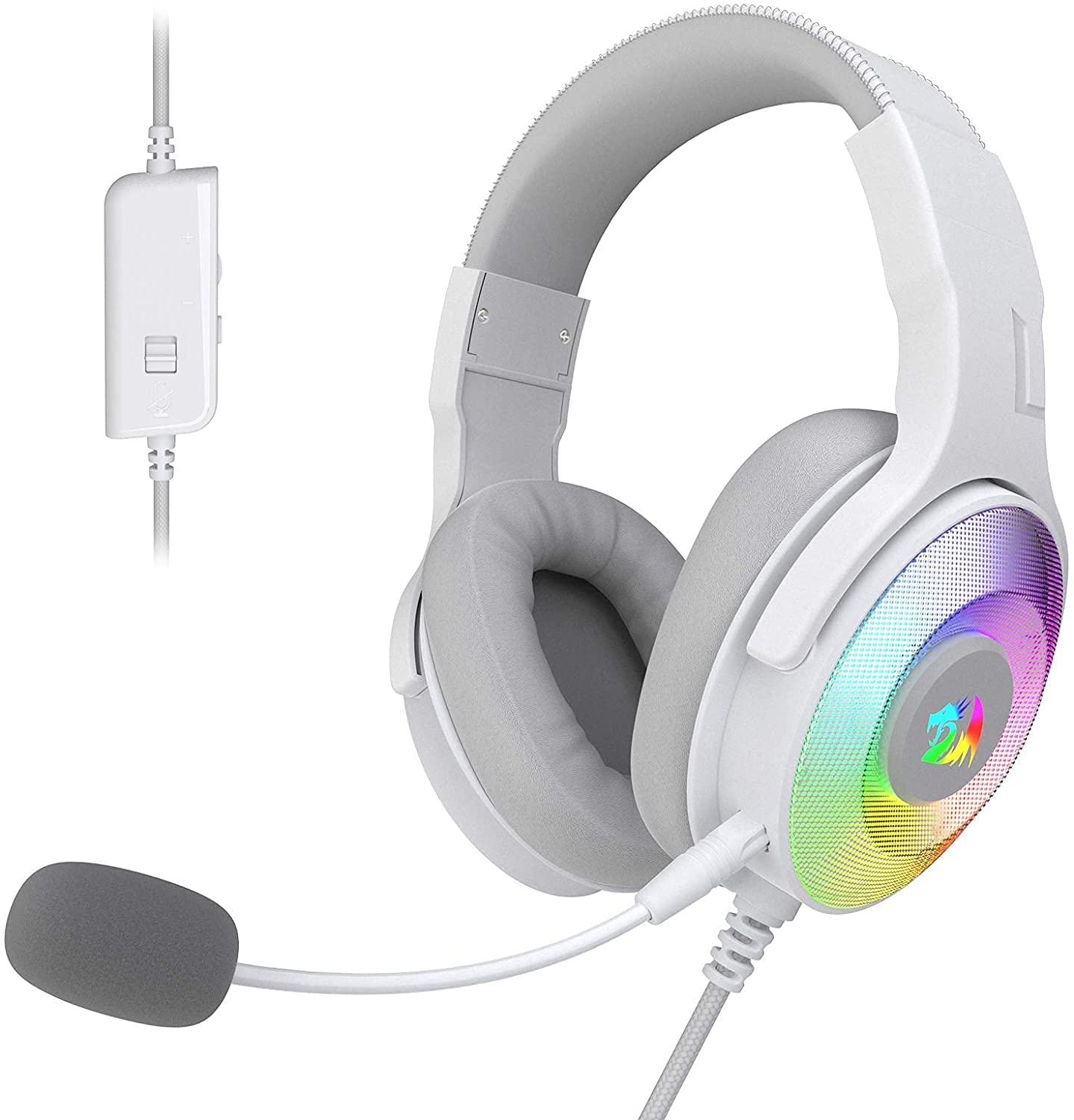 Redragon H350W-1 Pandora 2 Lunar White RGB Wired Gaming Headset, Dynamic RGB Backlight - Stereo Surround-Sound - 50MM Drivers - Detachable Microphone, Over-Ear Headphones Works for PC/PS4/XBOX One/NS