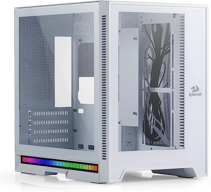 Redragon GCMC211 ITX Hot Rod Gaming PC Case, M-ATX Chassis, 2 Tempered Glass Panels & High Airflow Panels, 240mm Radiator Support, Rhythm Sync Lighting Bar, White