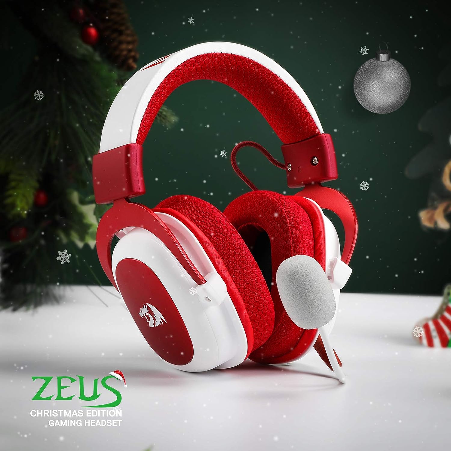 Redragon H510-Xmas Zeus 2 Wired Gaming Headset - 7.1 Surround Sound - Breathable Fabric Cushion Cover - 53MM Drivers - Detachable Mic - Headphone for PC, PS4/3, Xbox One/Series X, NS, Christmas Edition