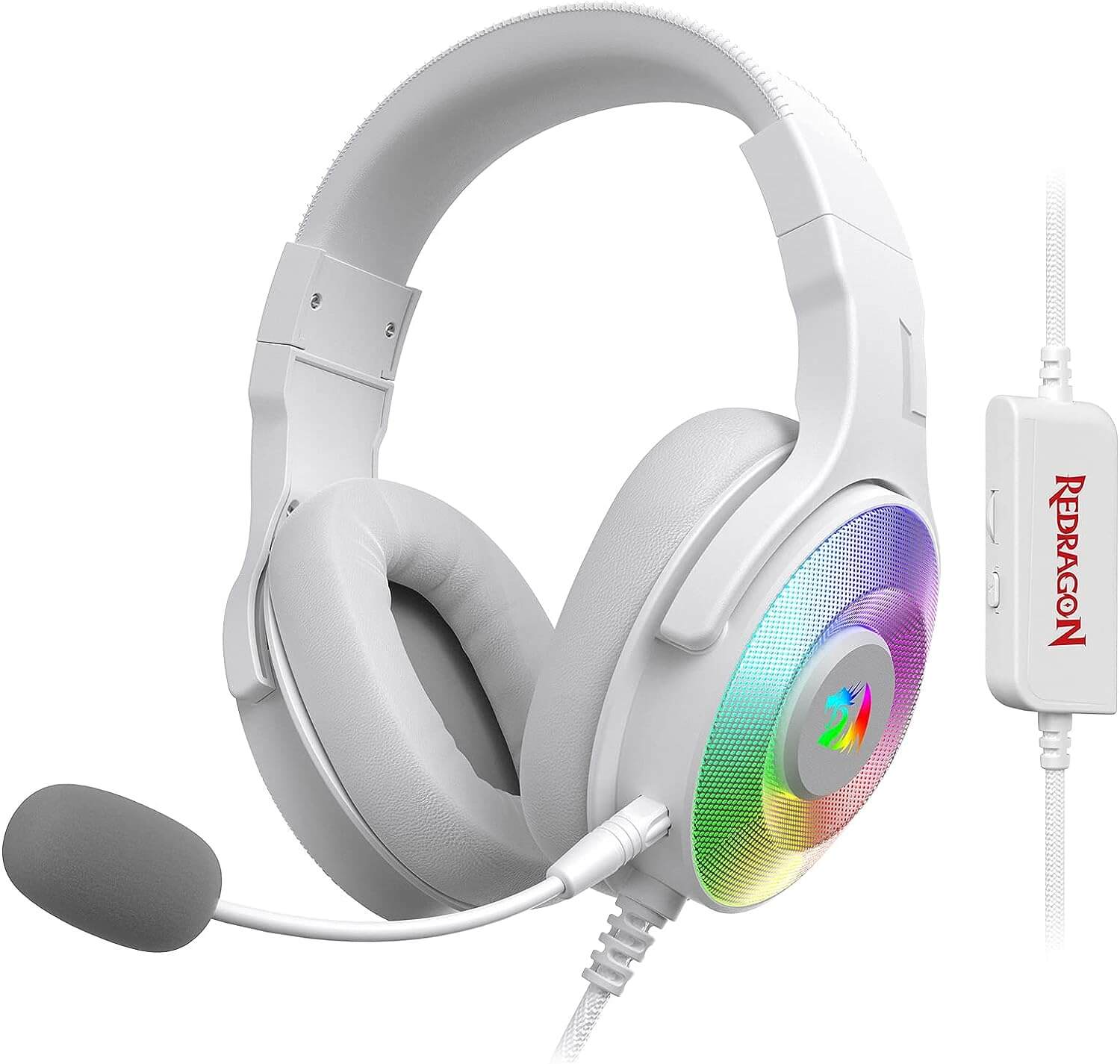 Redragon H350W-1 Pandora 2 Lunar White RGB Wired Gaming Headset, Dynamic RGB Backlight - Stereo Surround-Sound - 50MM Drivers - Detachable Microphone, Over-Ear Headphones Works for PC/PS4/XBOX One/NS
