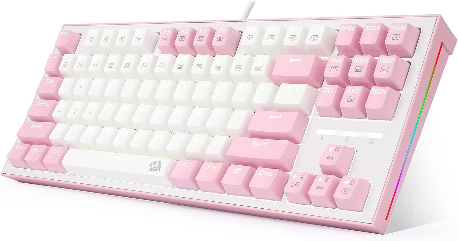 Redragon K611 Wib Bes Dual Color Keys Mechanical Gaming Keyboard Single White LED + RGB Side Edge Backlit 87 Key Tenkeyless Wired Computer Keyboard with Blue Switches for Windows PC (White + Pink)