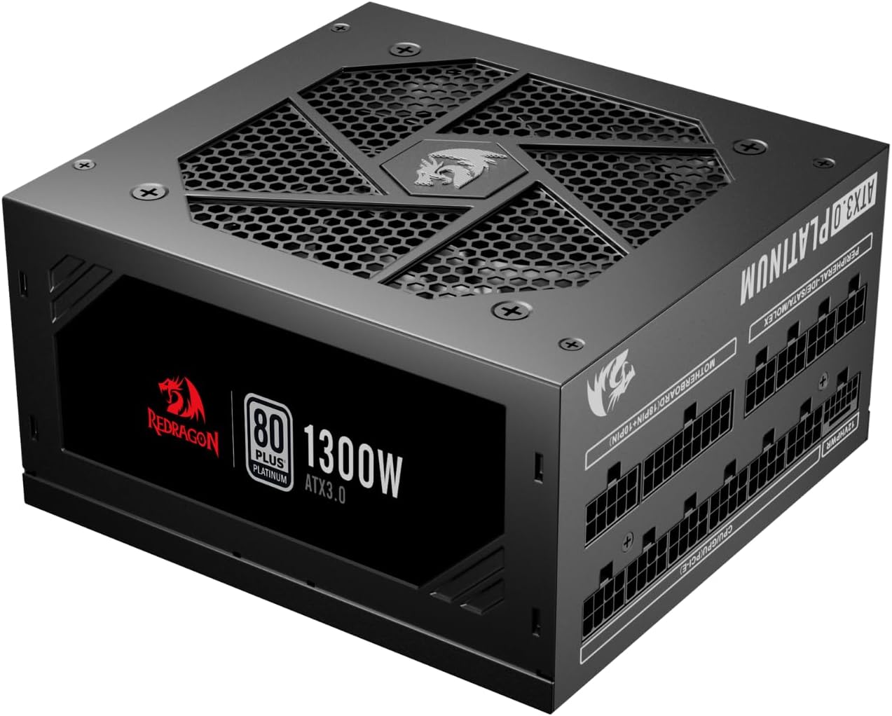 Redragon PS018 80+ Platinum 1300 Watt ATX 3.0 Fully Modular Power Supply, 80 Plus Certified, 100% Japanese Capacitors & Low Noise Smart-ECO 0 RPM Fan, Full Mod Cables w/12VHPWR Cable, Black