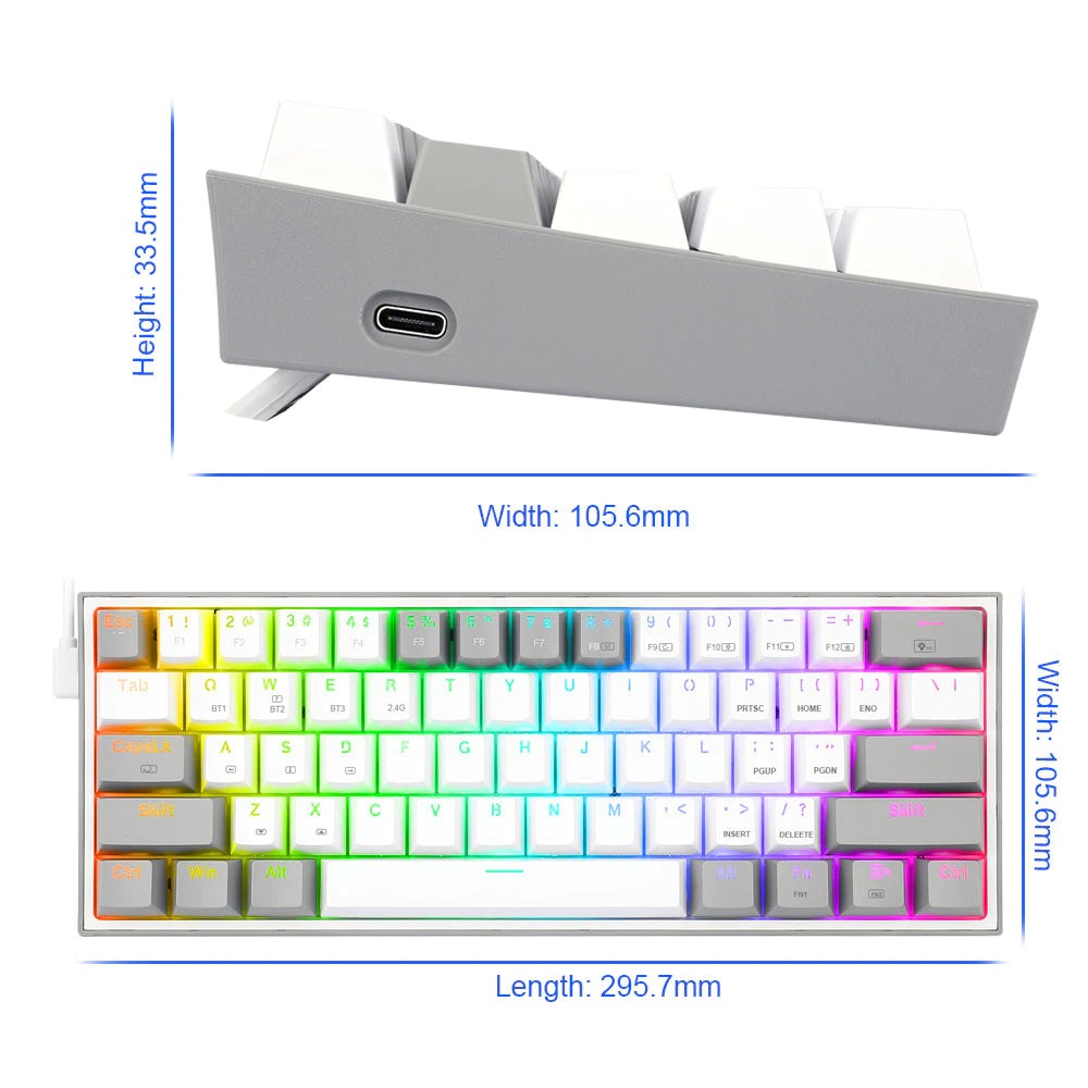 Redragon K616 FIZZ PRO RGB GREY WHITE BLUETOOTH WIRELESS MECHANICAL GAMING KEYBOARD 61 KEYS, RED SWITCHES - Grey/White